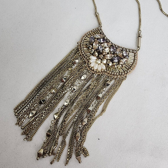 Stella & Dot Analena Pendant Sparkle Fringe Gold Statement Necklace - Picture 3 of 10